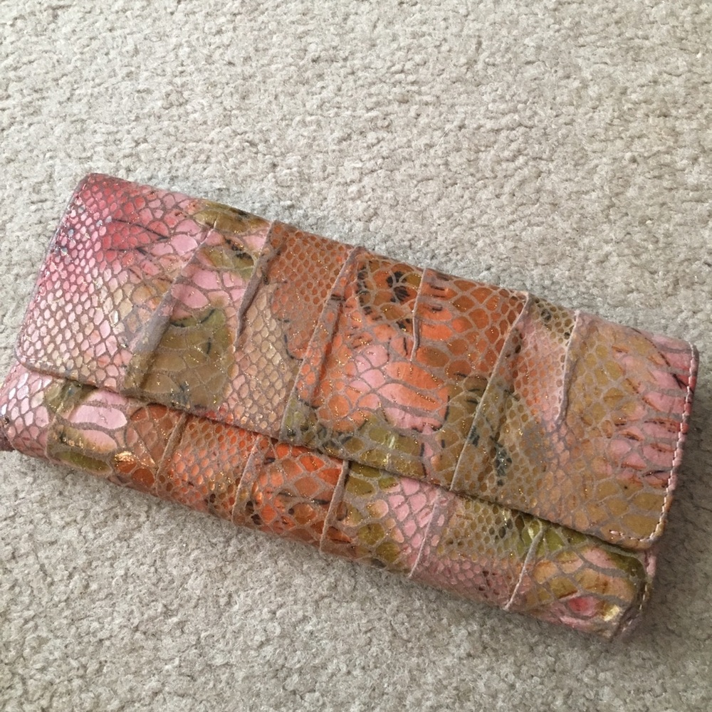 HOBO Pink/Orange/Green Suede Floral Print Wallet